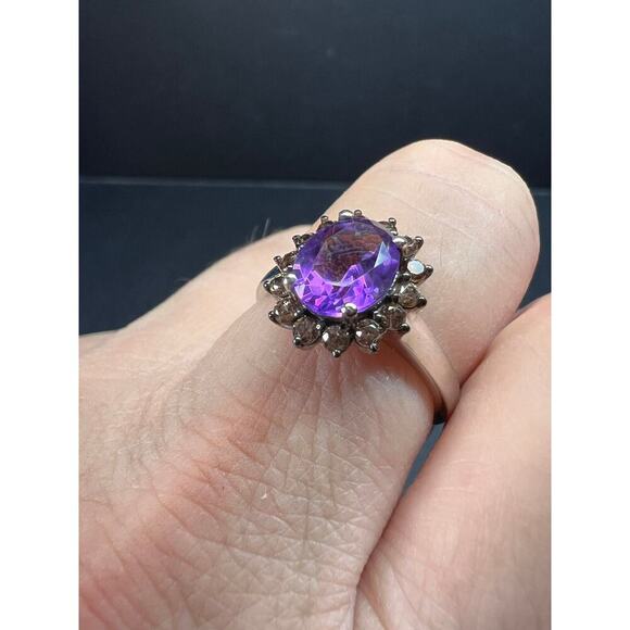 NEW Amethyst and brown zircon halo ring in platinum over sterling silver size 8 - Picture 11 of 16